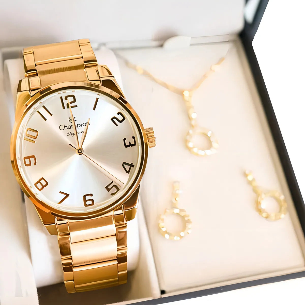 Kit Relógio Feminino Champion Dourado Analógico com Colar Brincos Fundo Champanhe Correia aço inoxidável 50m